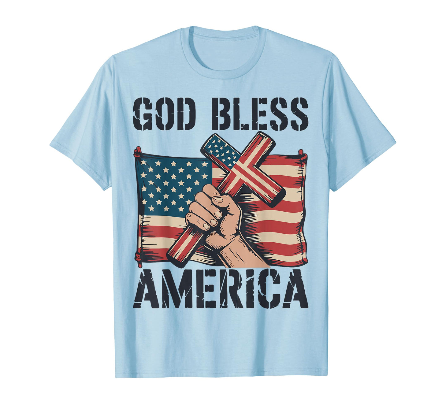 Mens God Bless American Flag Christian Patriotic Cross Jesus T-Shirt