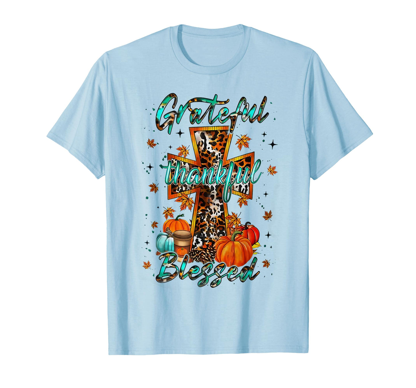 Grateful Thankful Blessed Cross Faith Pumpkin Leopard Autumn T-Shirt