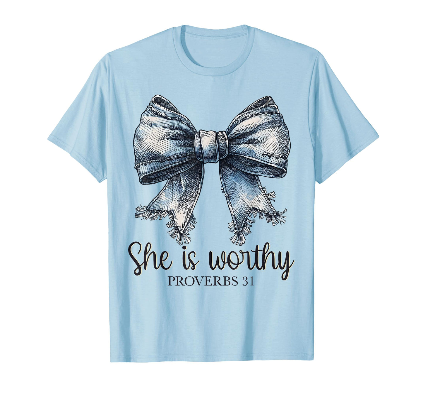 Denim She is Worthy Bow Proverbs Coquette Christian Women's T-Shirt