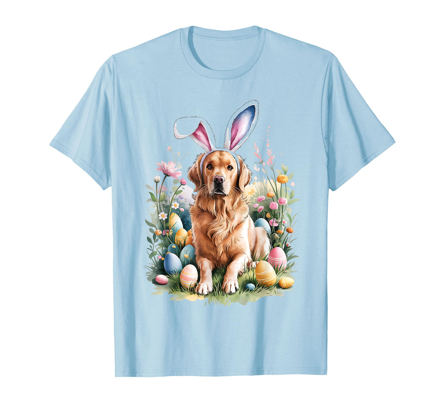 Golden Retriever Dog Bunny Ears Easter Eggs Spring Flowers T-Shirt
