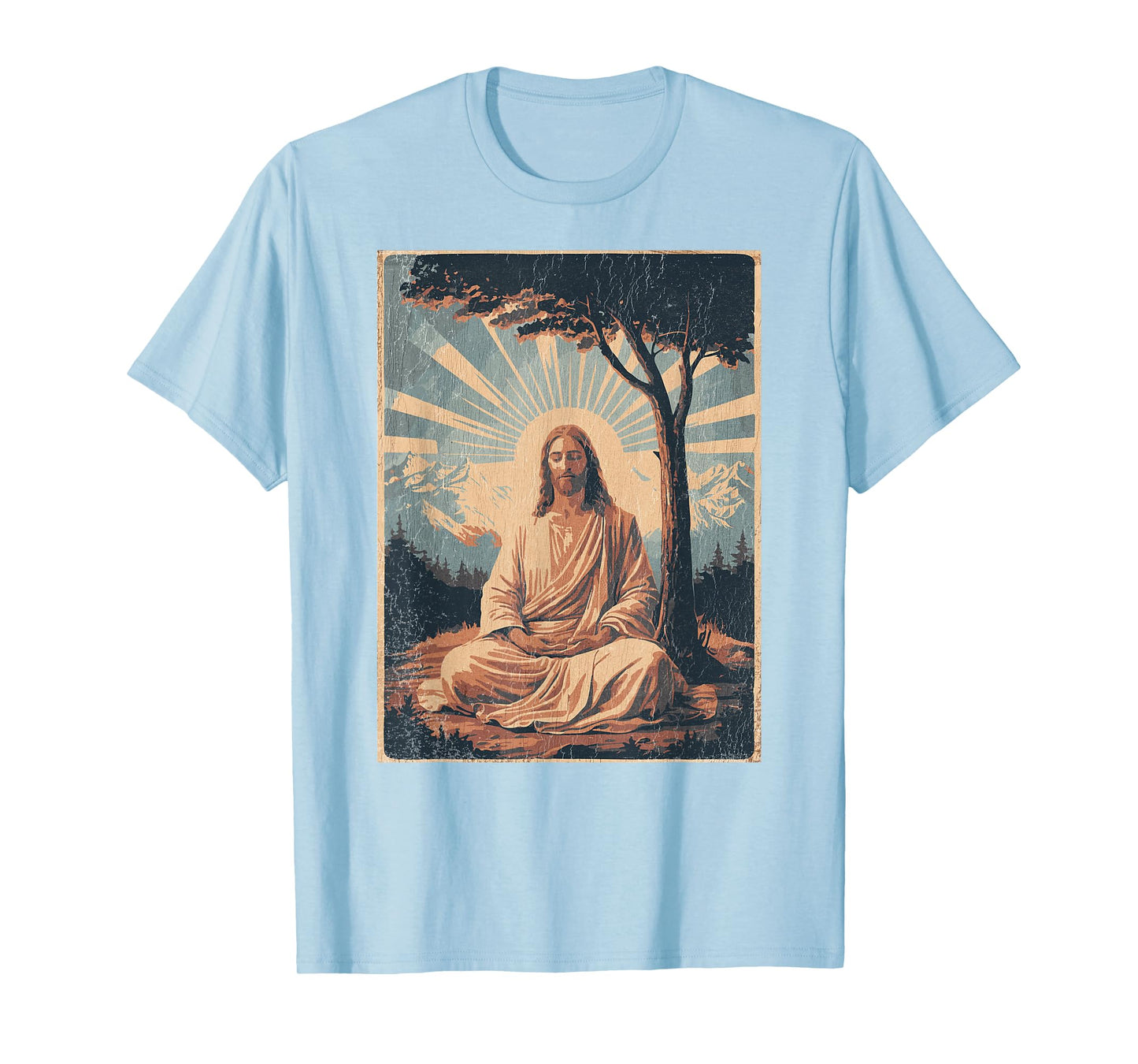 Jesus Meditating Under Tree, Mountains - Retro Faded Print T-Shirt