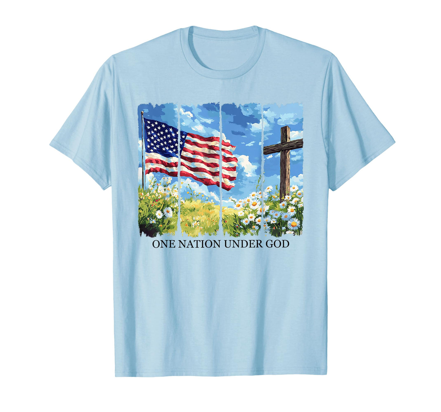 One Nation Under God USA Flag Flowers Red White Blue Cross T-Shirt