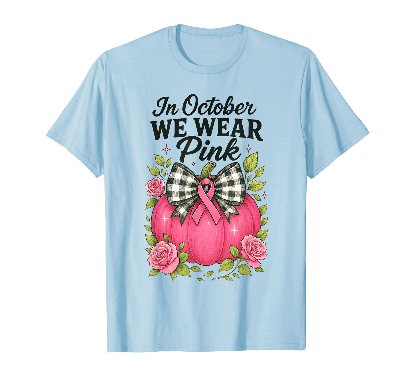 Bow Pumpkin in October We Wear Pink Breast Cancer Awareness T-Shirt