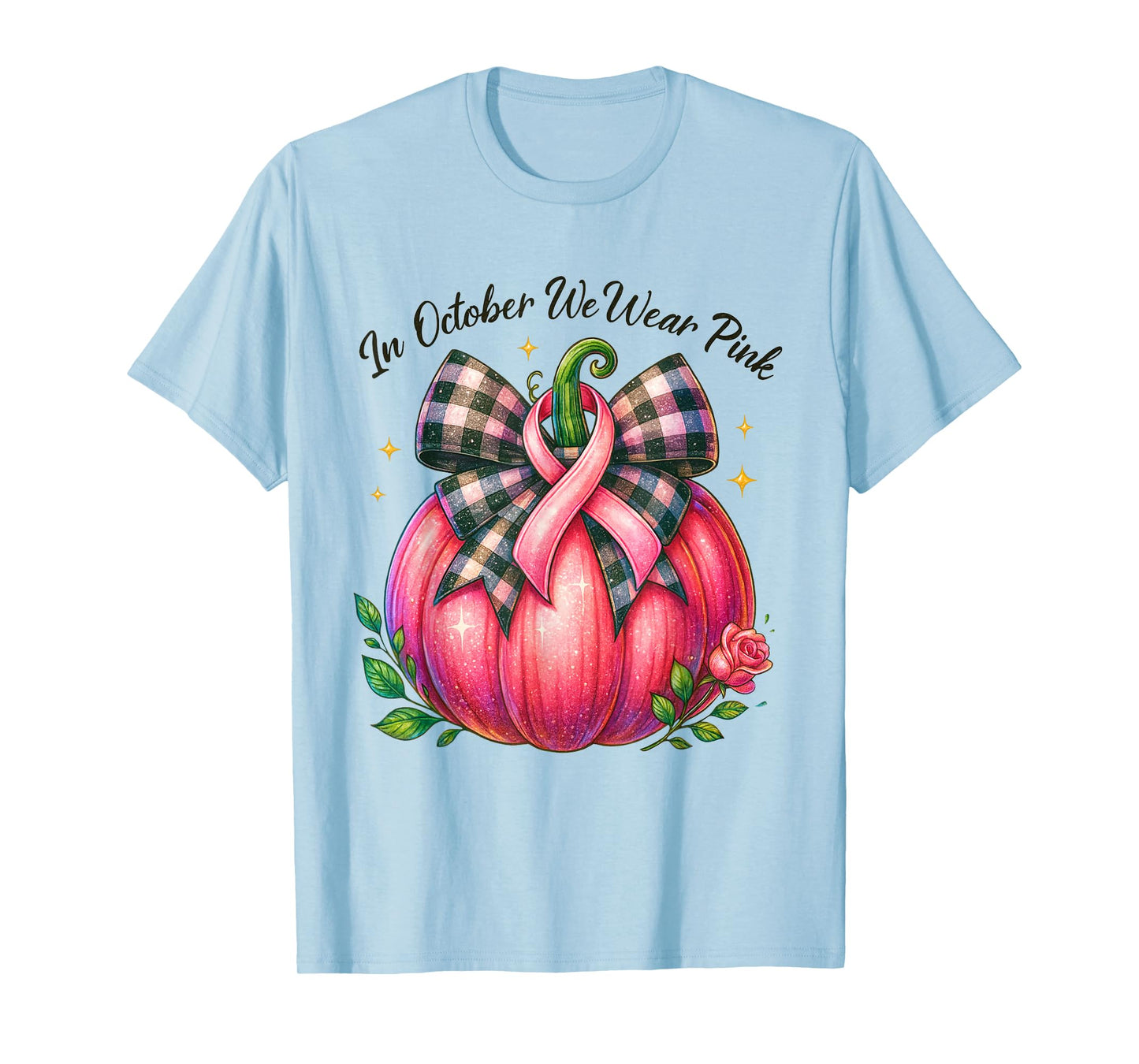 Bow Tie Pumpkin in October We Wear Pink Ribbon Breast Cancer T-Shirt