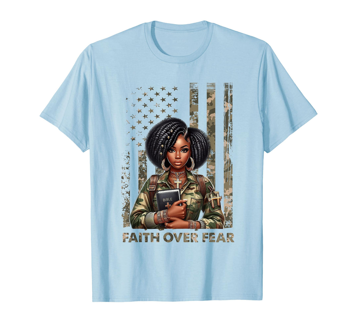 Faith Over Fear Christian Camo African American Afro Women T-Shirt