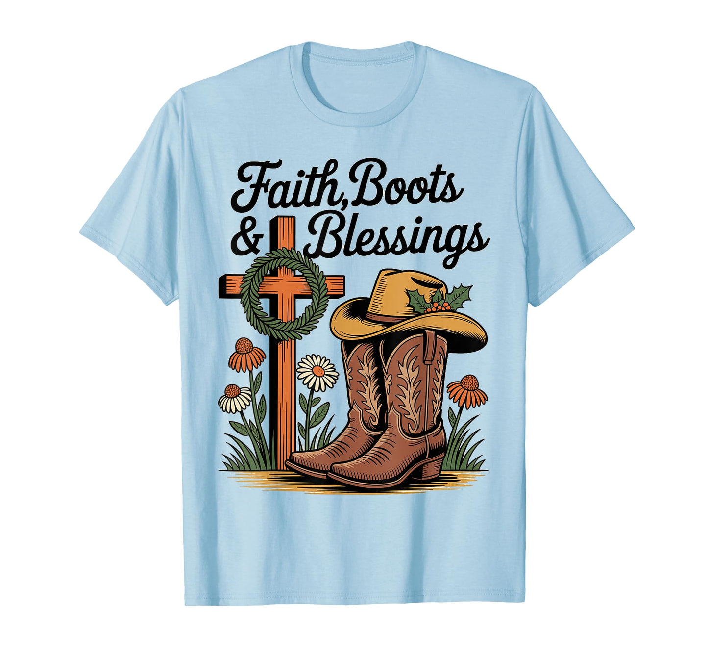Faith Boots and Blessings Woodcut Rustic Retro Christmas T-Shirt