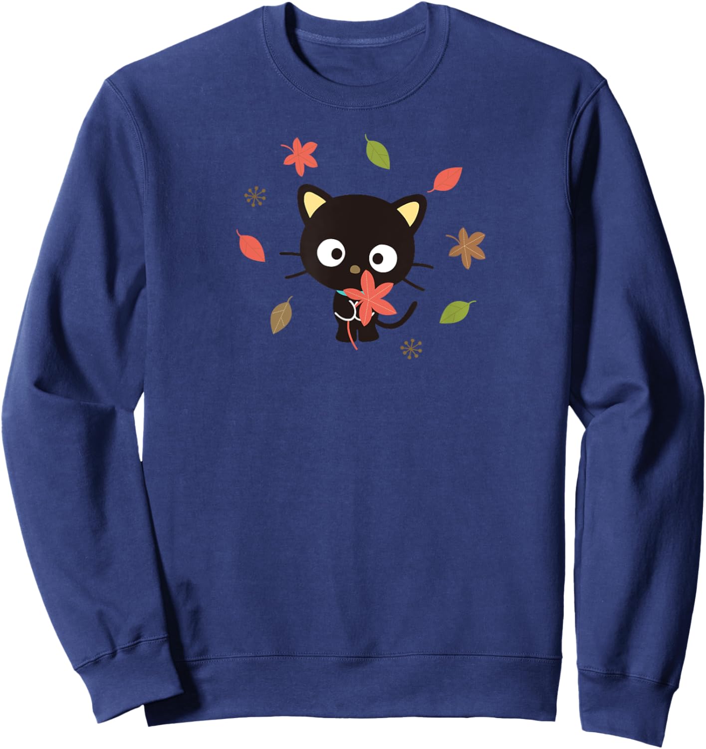 SANRIO Chococat Fall Themed Cartoon , -Adults, Grey, Small, Short Sleeve Sweatshirt - Sweatshirt | Navy