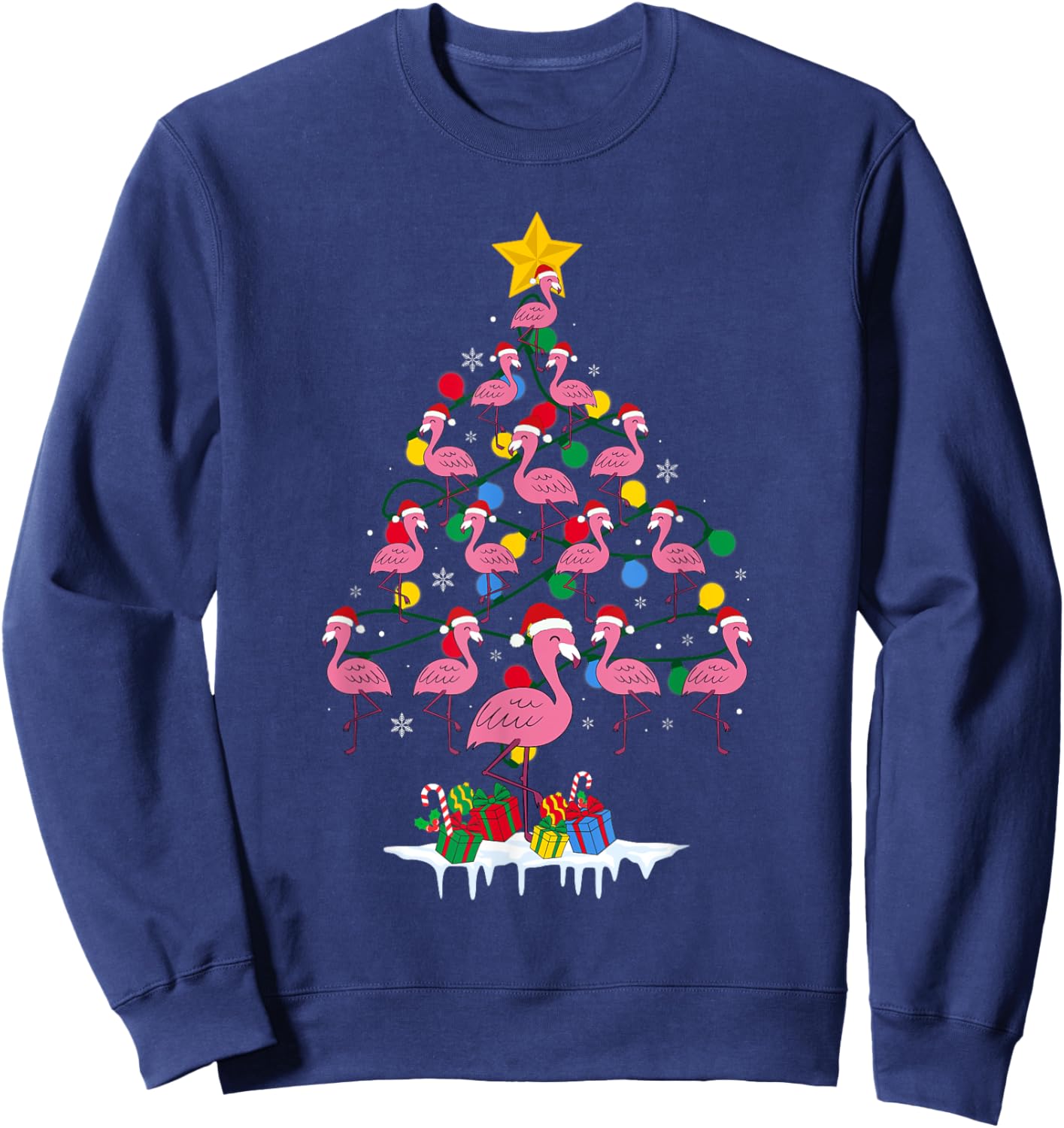 Pink Flamingo Funny Christmas Tree Cute Flamingos Holiday Sweatshirt - Sweatshirt | Navy