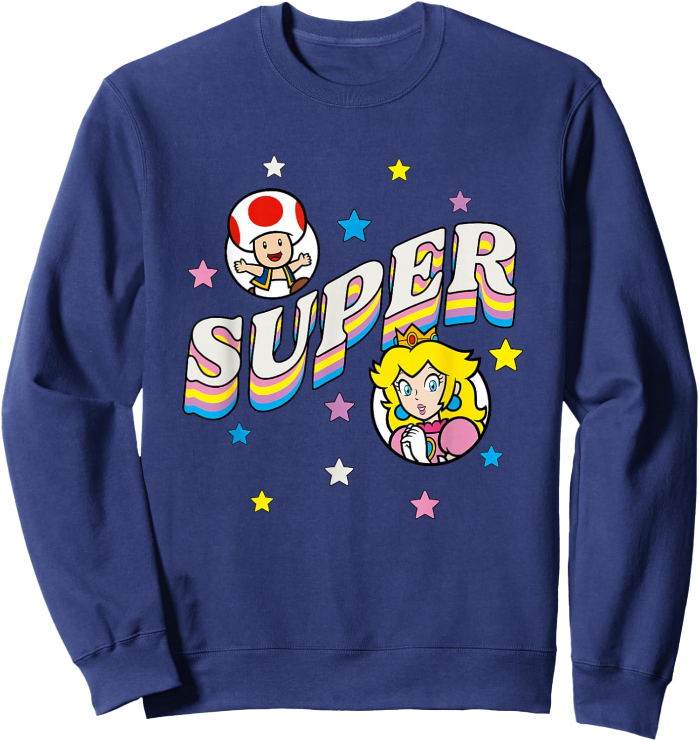 Super Mario Bros Princess Peach & Toad Super Star Text Sweatshirt - Sweatshirt | Navy