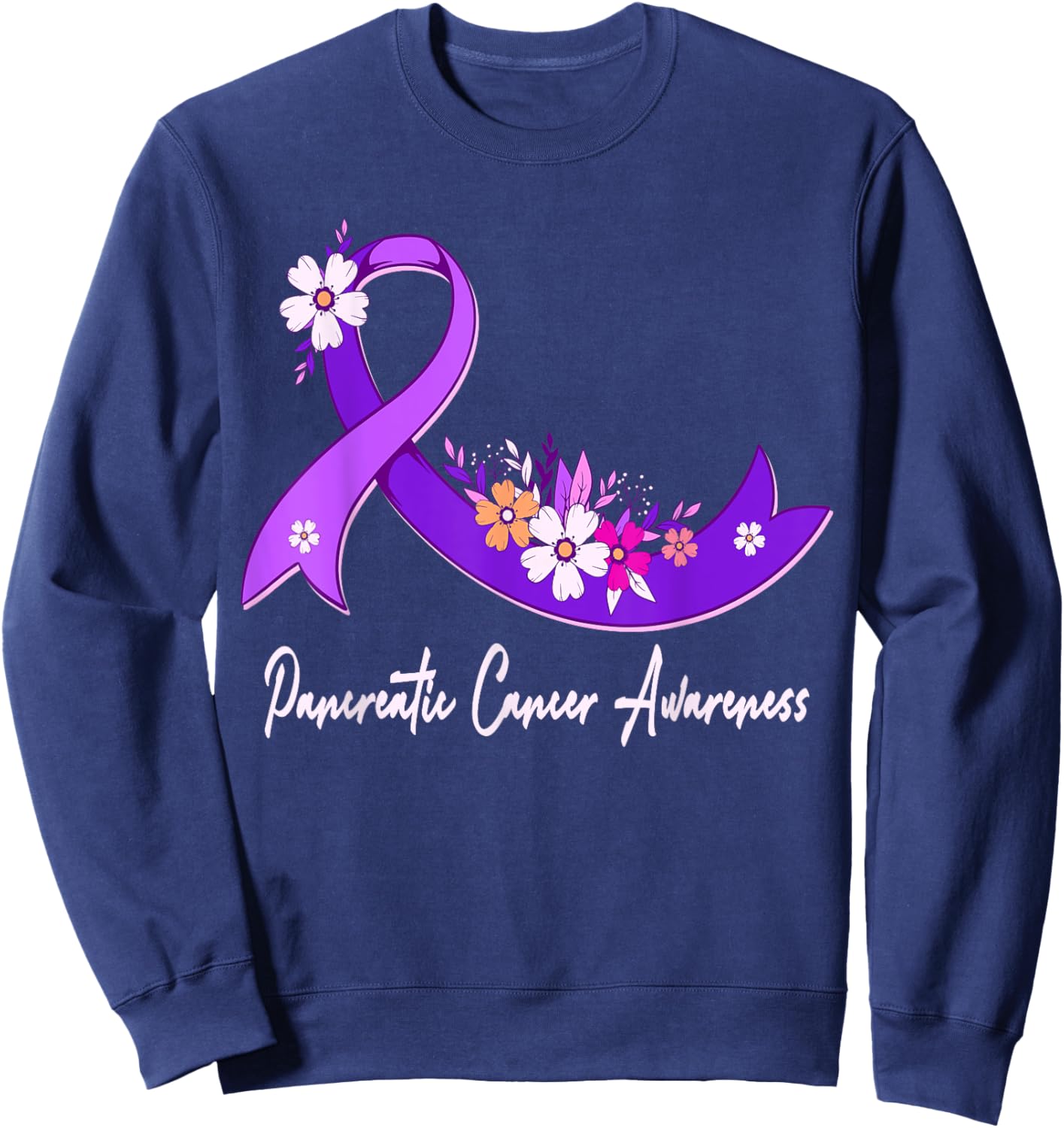 Pancreatic Cancer Awareness Floral Purple Ribbon Support Sweatshirt - Sweatshirt | Navy