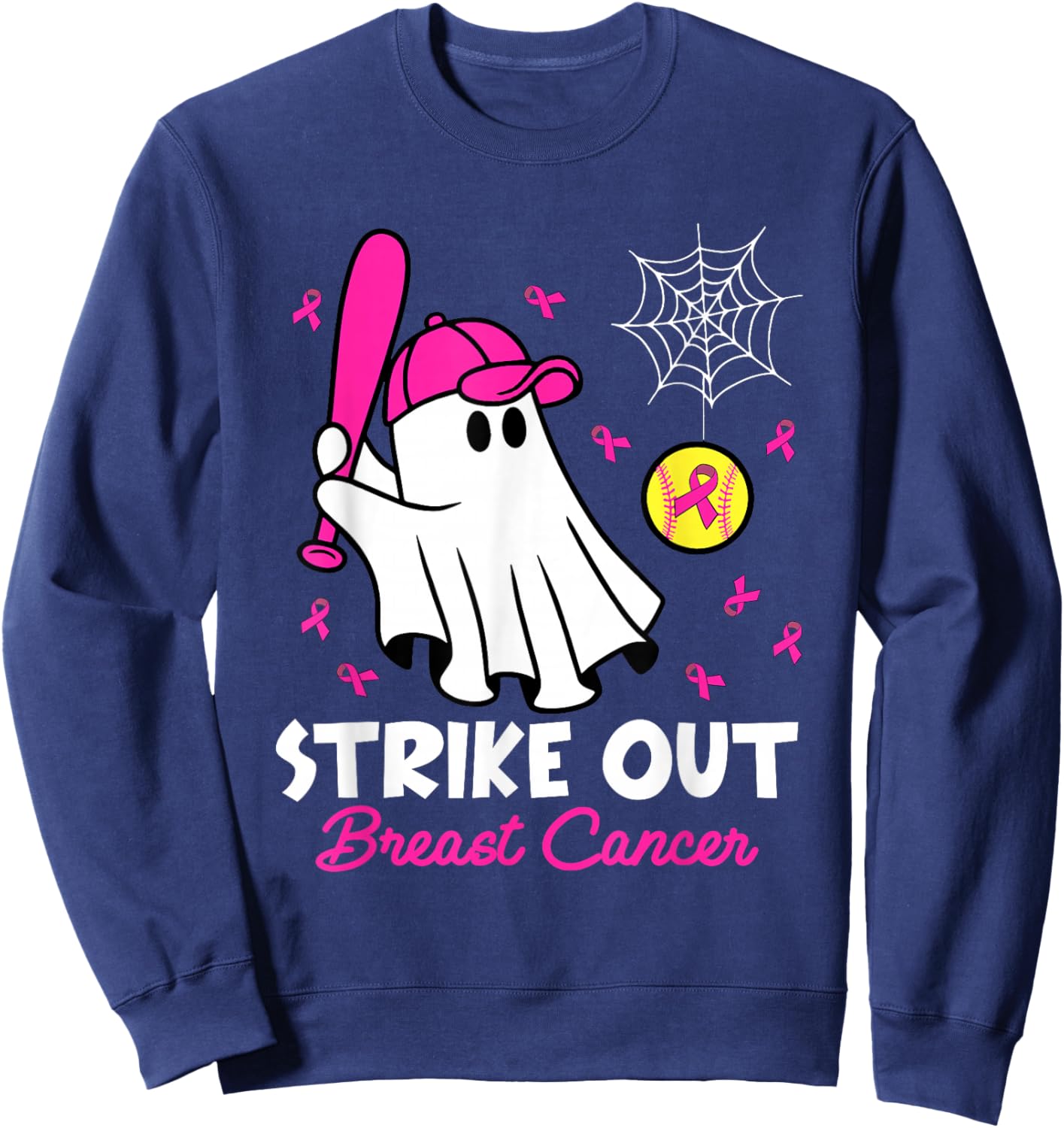 Strike Out Breast Cancer Ghost Softball Funny Breast Cancer Sweatshirt - Sweatshirt | Navy