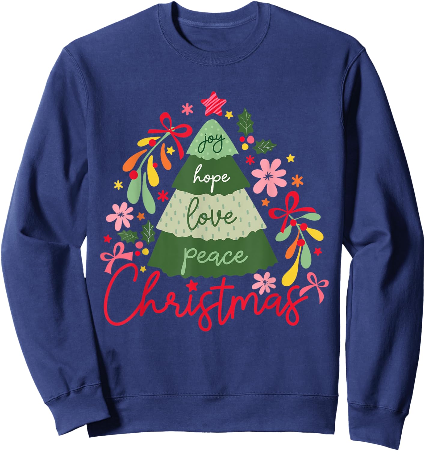 Joy Hope Love Peace Christmas Tree Pajama Outfits Holiday Sweatshirt - Sweatshirt | Navy