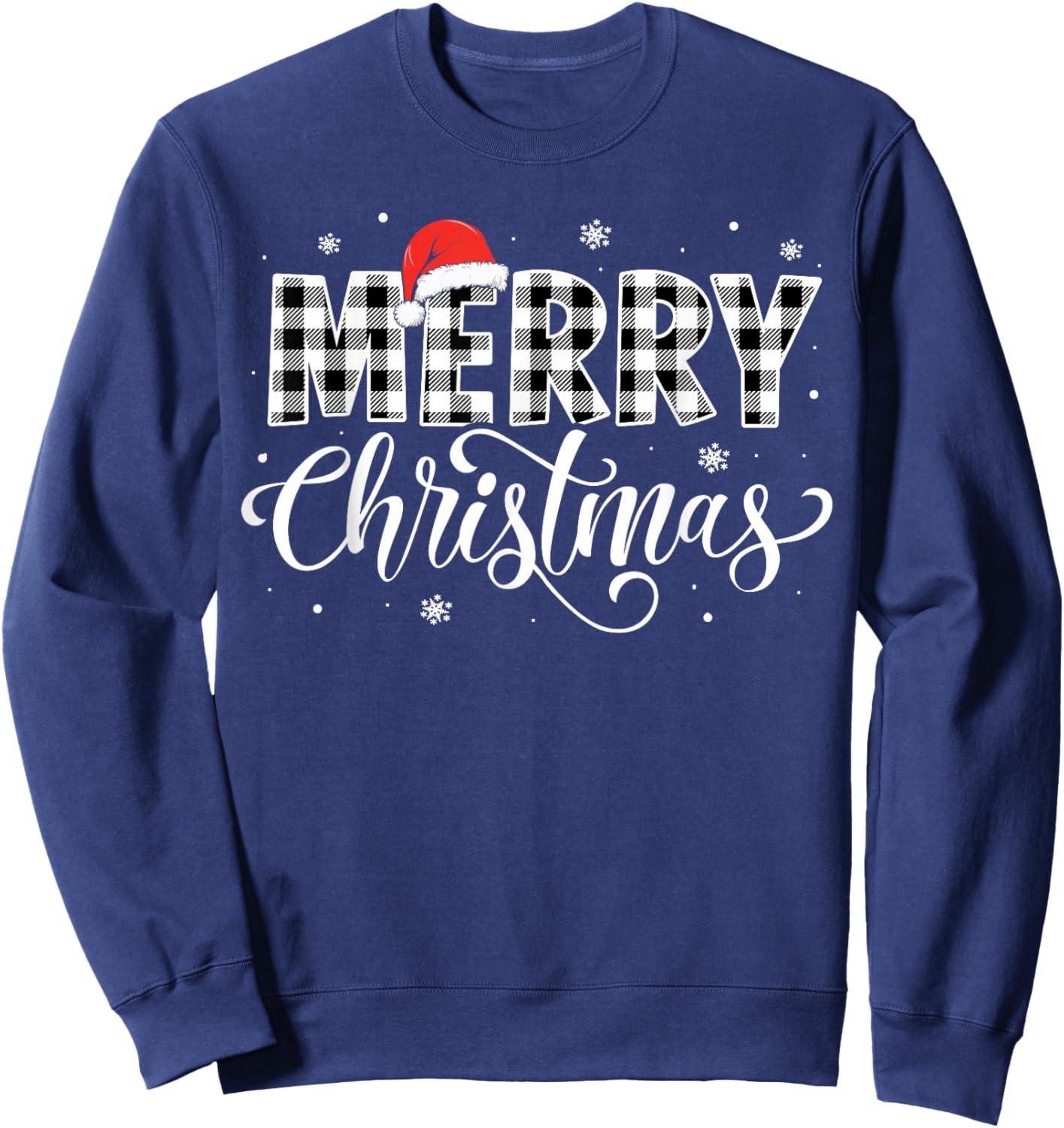 Merry Christmas Buffalo Plaid Black and White Santa Hat Xmas Sweatshirt - Sweatshirt | Navy