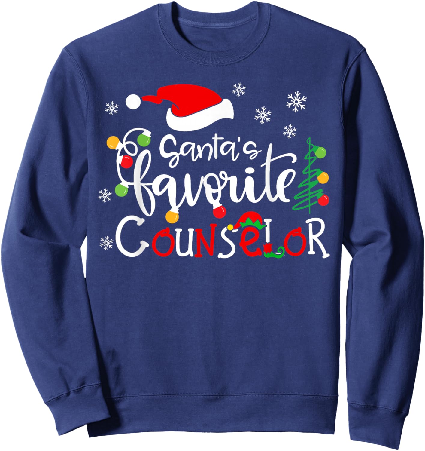 Santas Favorite Counselor Funny Christmas Santa Hat Lights Sweatshirt - Sweatshirt | Navy