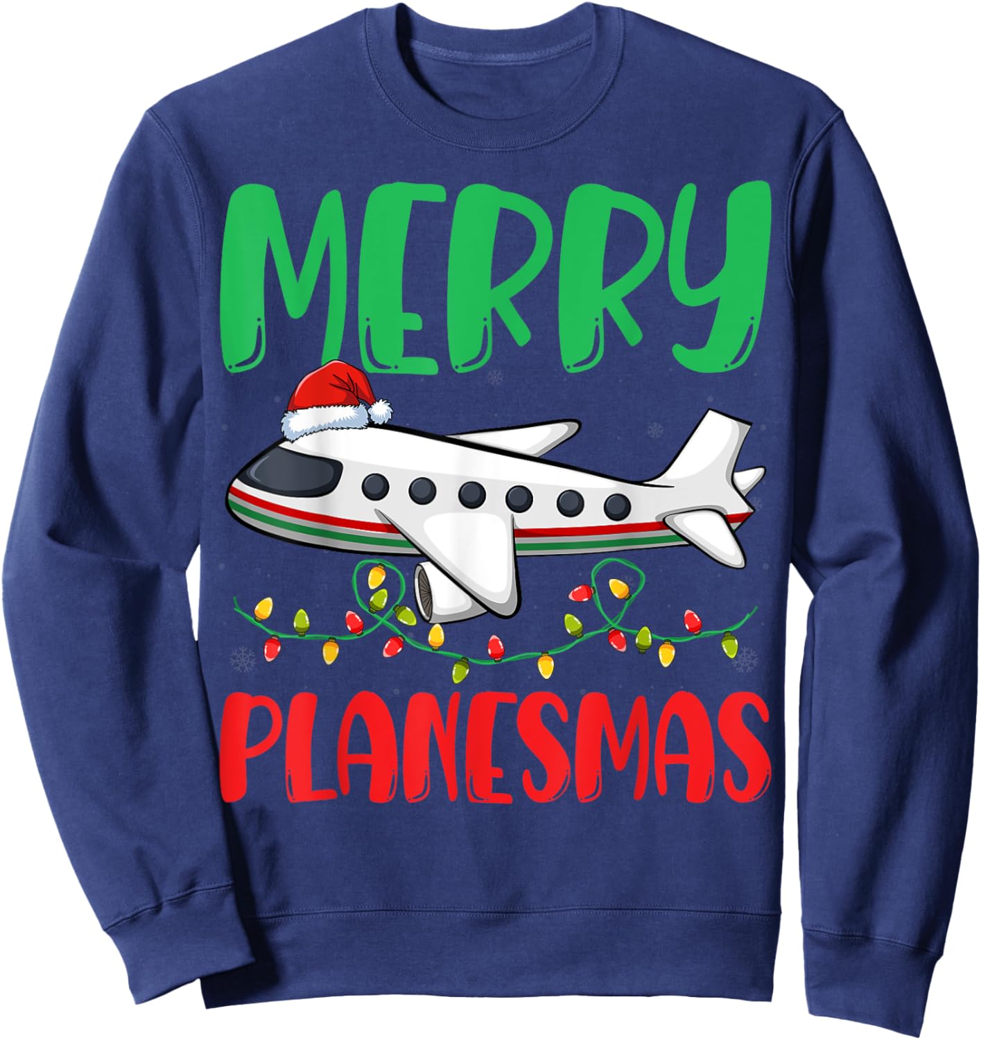Merry Planesmas Xmas Lights Airplane Pilots Christmas Sweatshirt - Sweatshirt | Navy