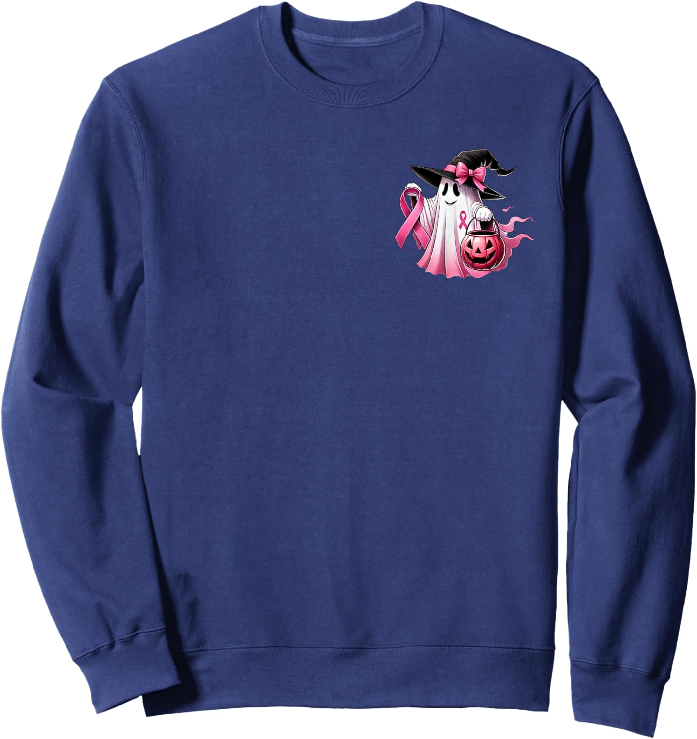 In October We Wear Pink Witch Ghost Breast Cancer (2 Side) Sweatshirt - Sweatshirt | Navy