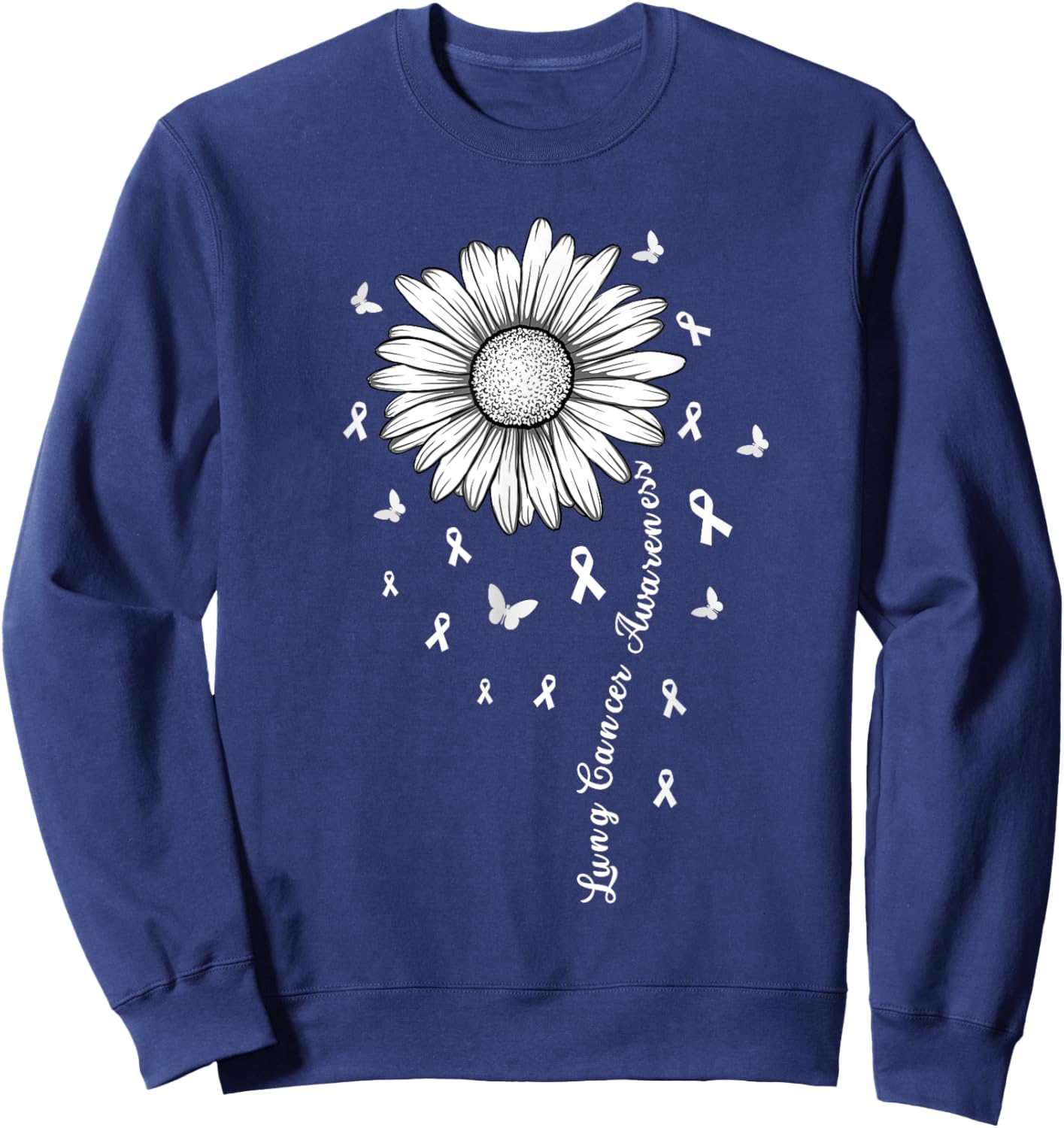 Support Lung Cancer Awareness Month Flower White Ribbon Sweatshirt - Sweatshirt | Navy