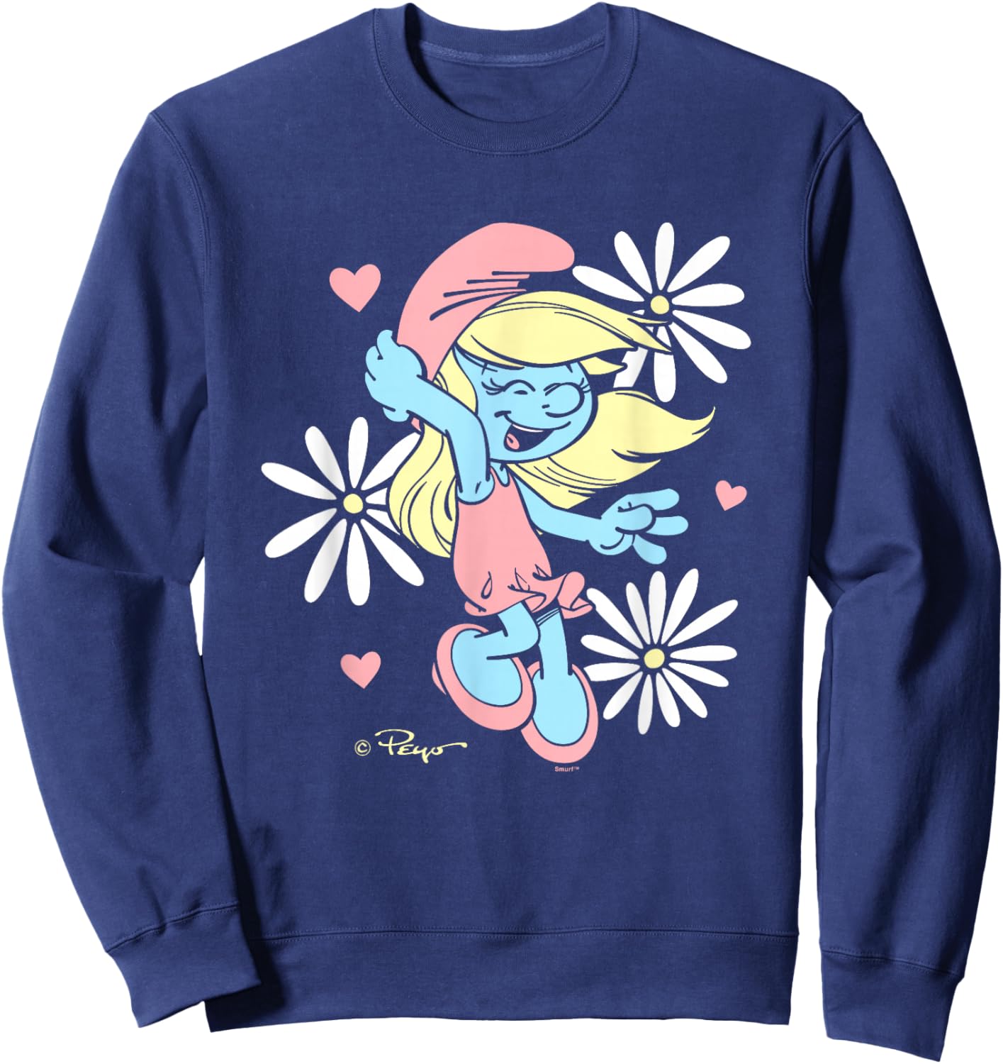 The Smurfs Cute Daisy Smurf Smurfette Retro Big Chest Logo Sweatshirt - Sweatshirt | Navy