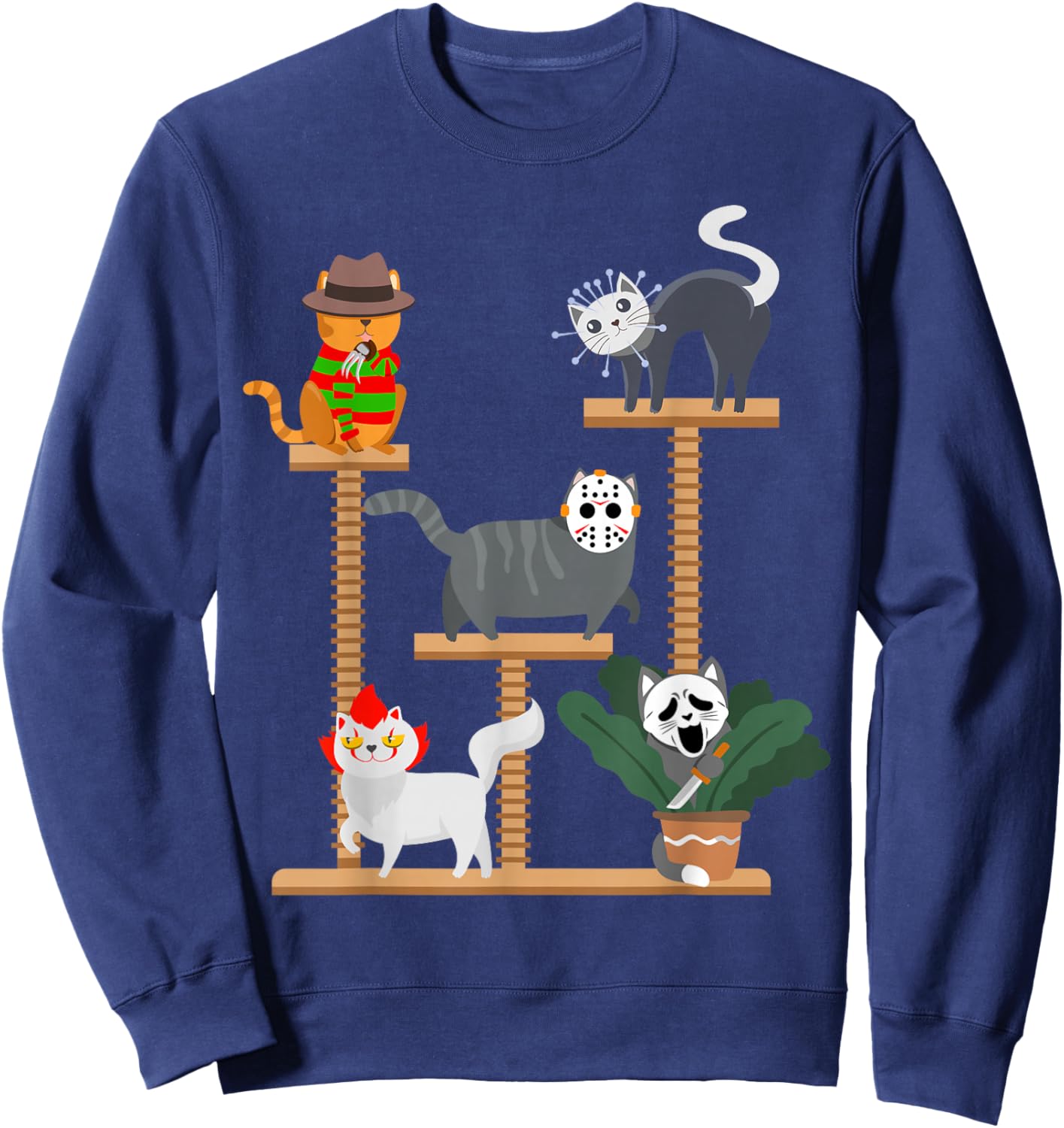 Horror Cat Playing on Tree Halloween Cat Lover Gift Sweatshirt - Sweatshirt | Navy