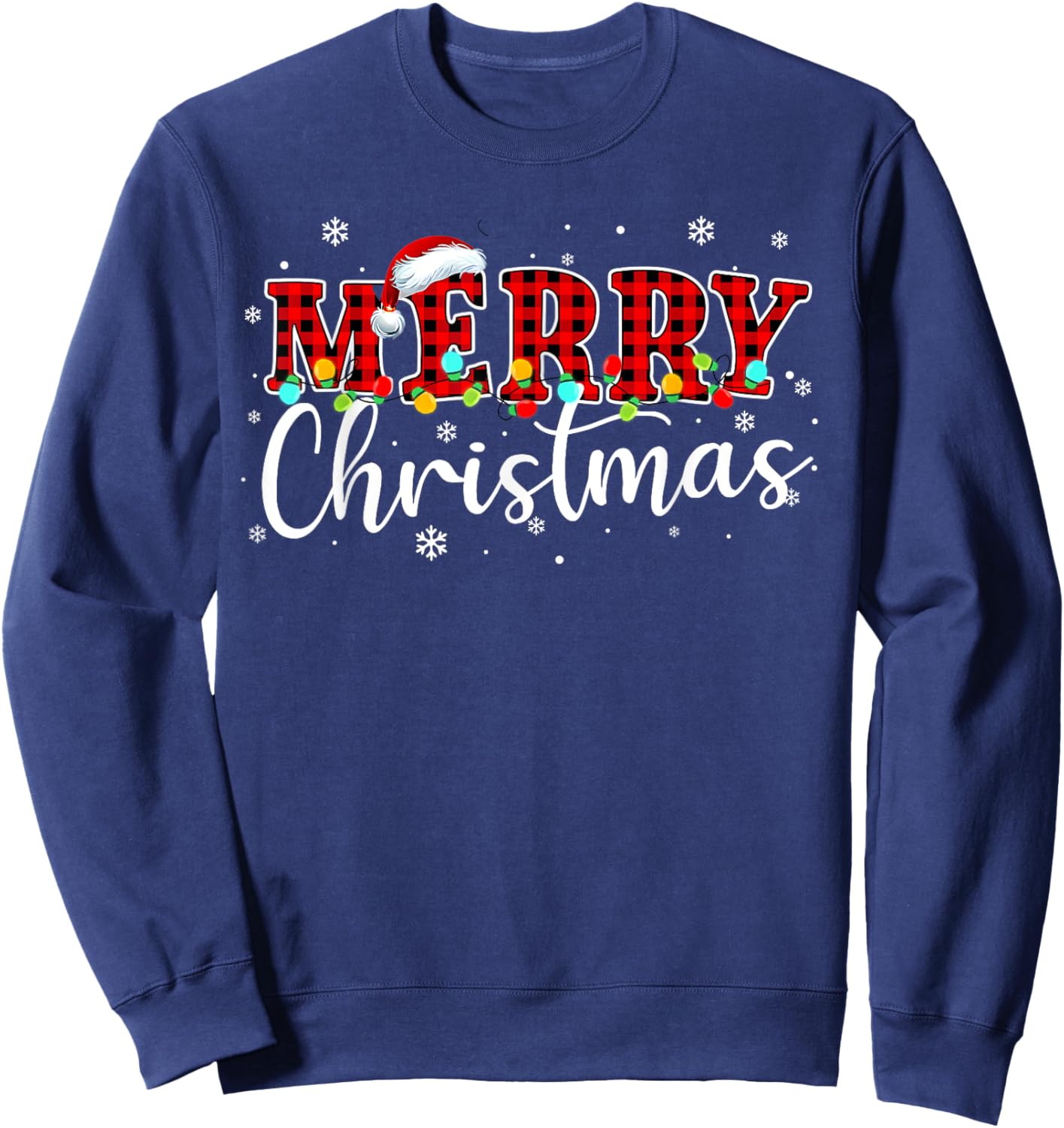 Merry Christmas Buffalo Plaid Red Santa Hat Xmas Pajamas Sweatshirt - Sweatshirt | Navy