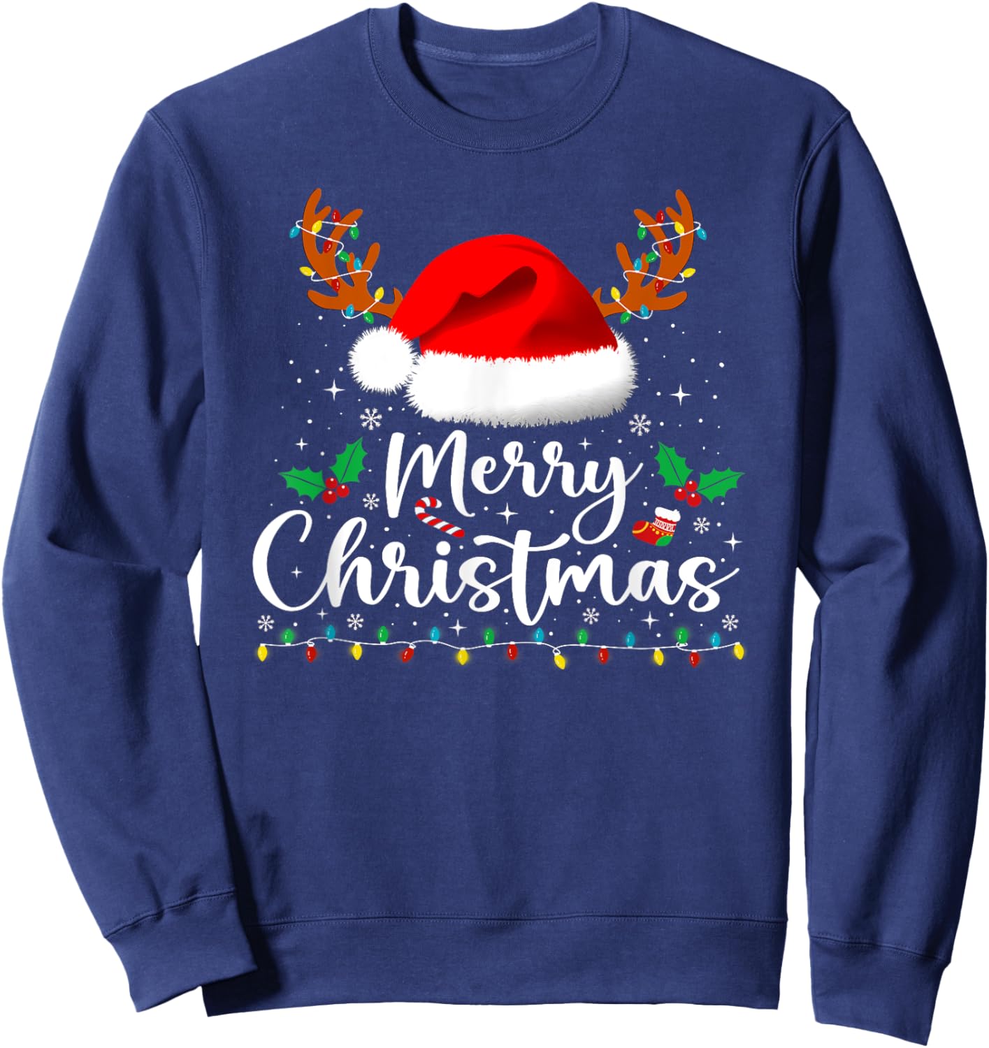 Merry Christmas Reindeer Funny Family Men Women Xmas Lights Sweatshirt - Sweatshirt | Navy
