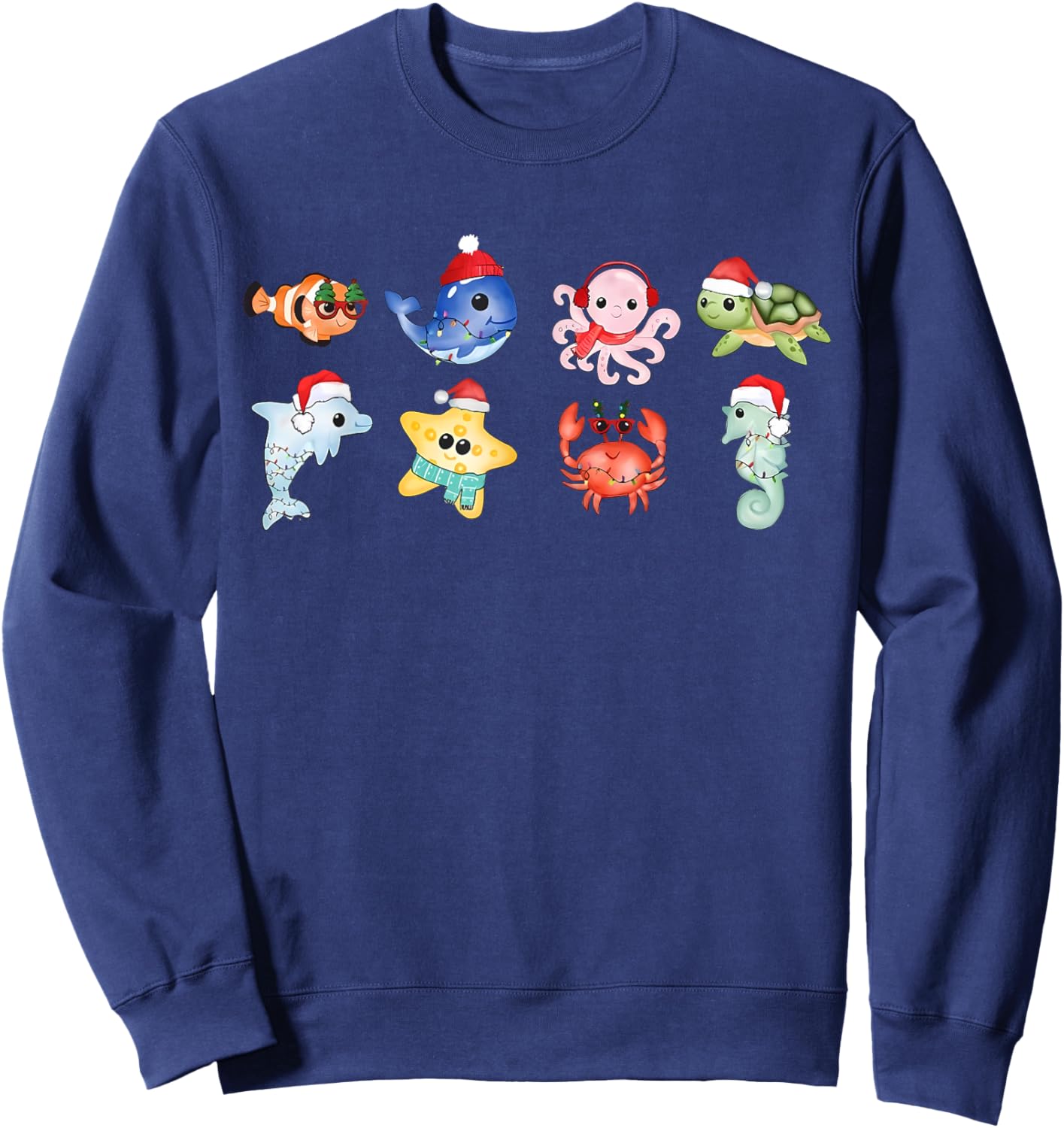 Cute Sea Animal Christmas Santa Hat Sea Turtle Ocean Animal Sweatshirt - Sweatshirt | Navy