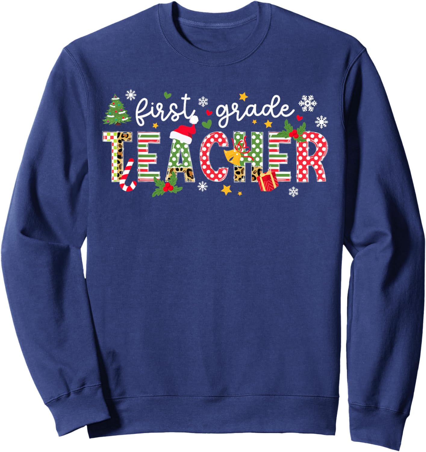 Christmas 1st Grade Teacher Xmas Party - Black, Small, -Adults, Short Sleeve Sweatshirt - Sweatshirt | Navy