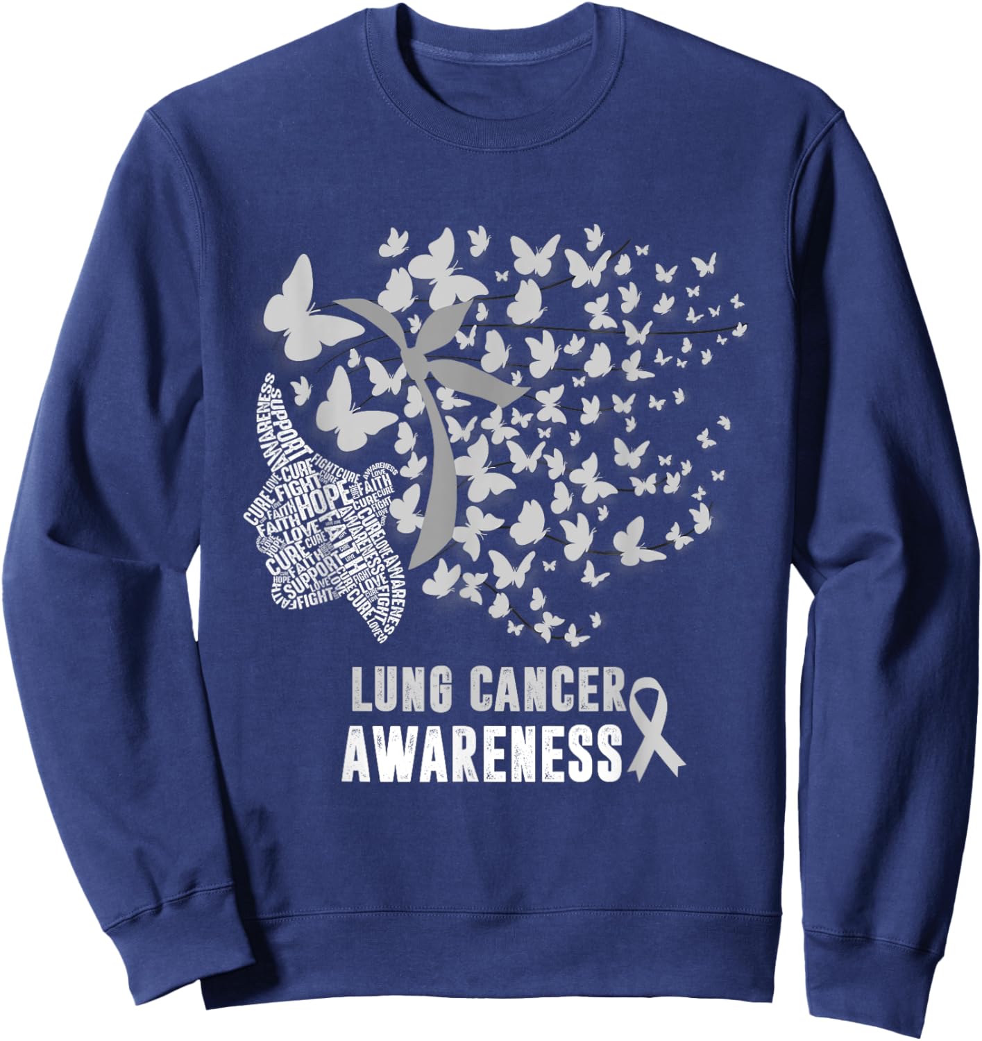Lung Cancer Awareness Messy Butterfly White Ribbon Sweatshirt - Sweatshirt | Navy