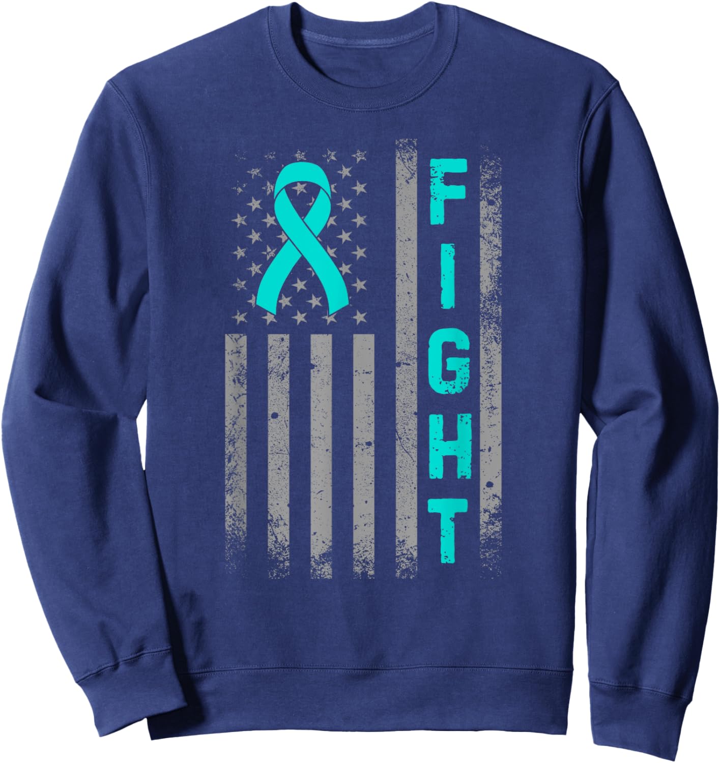 Fight Ovarian Cancer Awareness American US Flag Teal Ribbon Sweatshirt - Sweatshirt | Navy