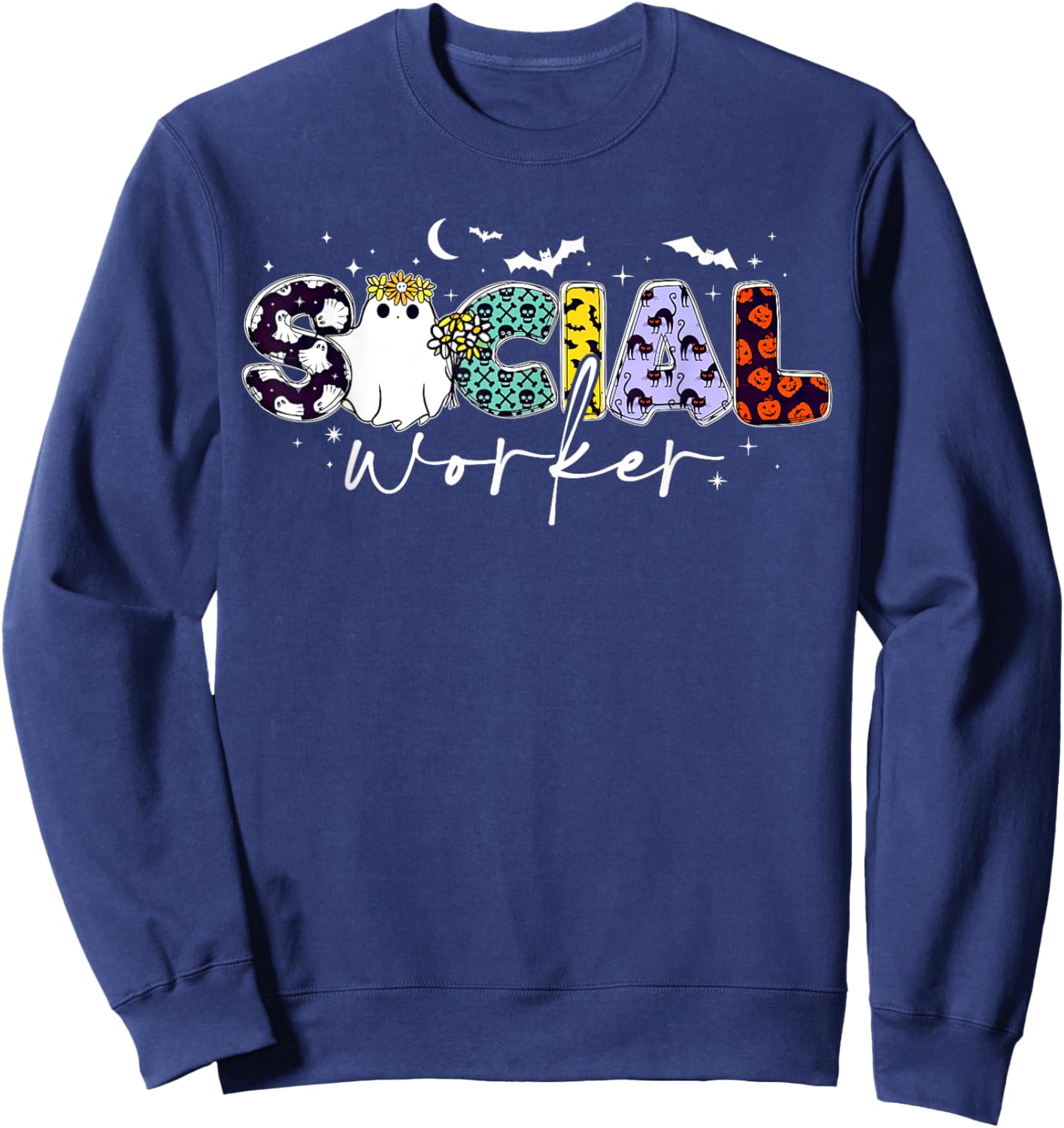 Retro Social Worker Ghost Halloween Funny School Social Work Sweatshirt - Sweatshirt | Navy