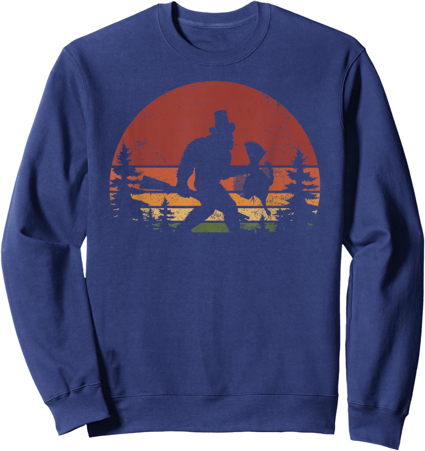 I Heart Cryptids Co. -Adults & Kids Retro Bigfoot Turkey Thanksgiving - Black, Small Sweatshirt - Sweatshirt | Navy