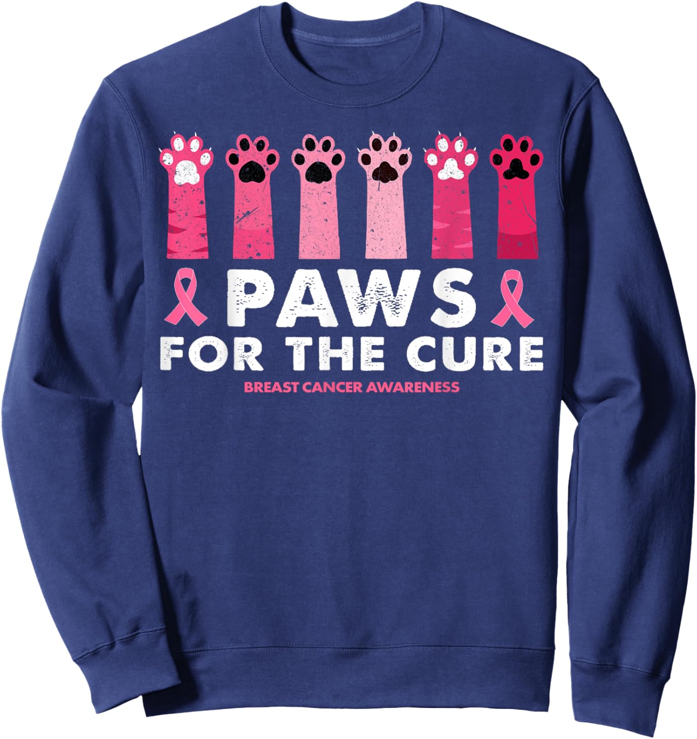 Paws For The Cure Funny Cat Paw Breast Cancer Awareness Men Women Sweatshirt - Sweatshirt | Navy