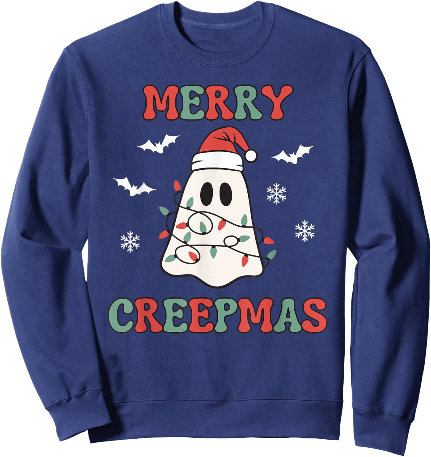 Merry Creepmas Christmas Ghost Wrapped in Lights Cute Kawaii Sweatshirt - Sweatshirt | Navy