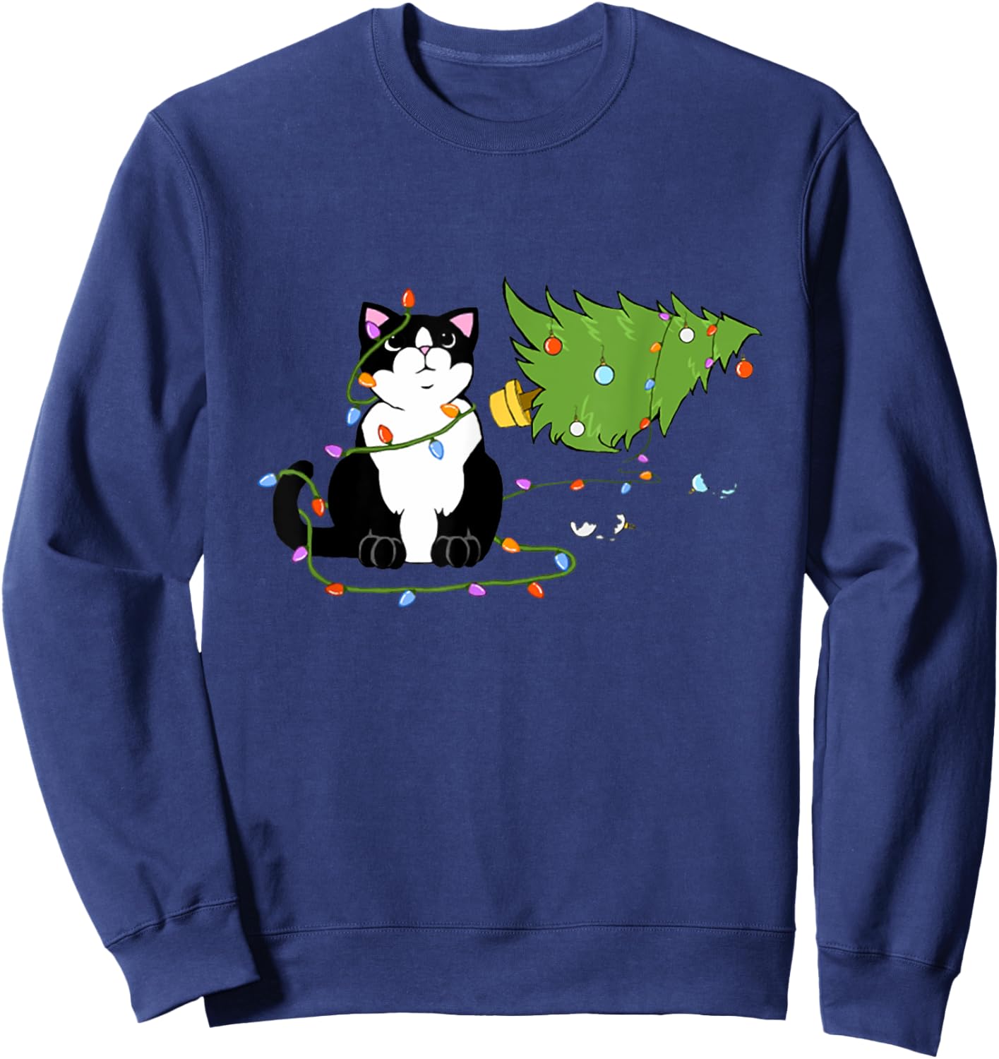 Christmas Tree Knocked Over By Tuxedo Cat Meowy Christmas Women Kids Sweatshirt - Sweatshirt | Navy