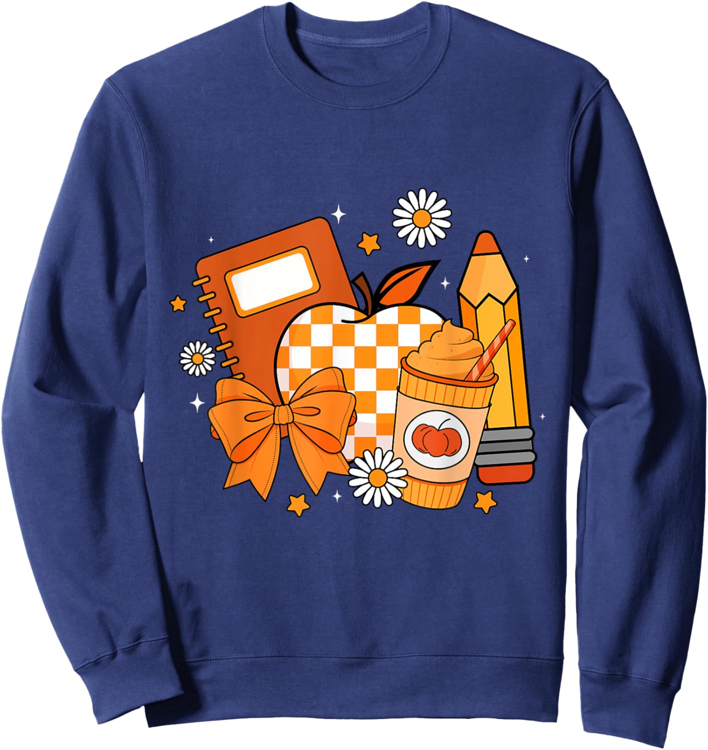 Retro Coquette Bow Pencil Teacher Fall Season Thanksgiving Sweatshirt - Sweatshirt | Navy
