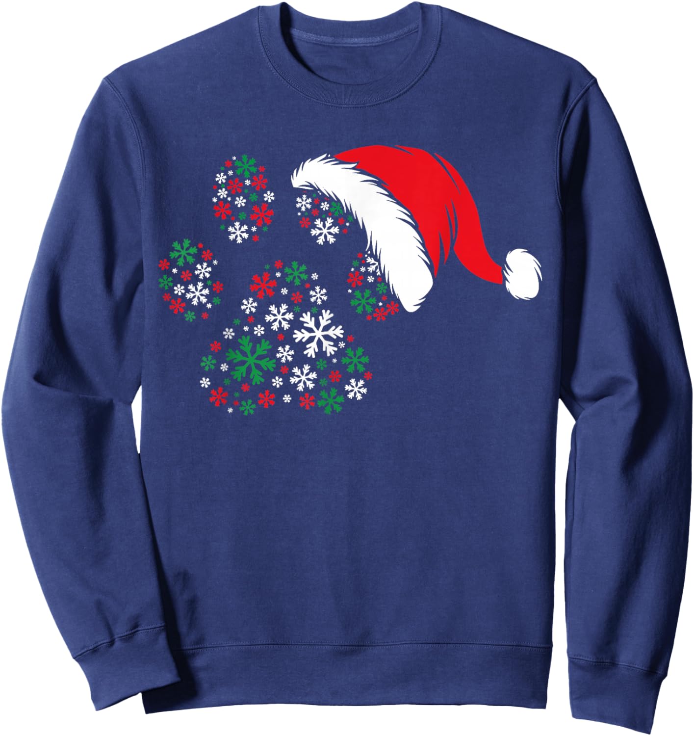 Snowflake Dog Paws Print Santa Hat Christmas Animal Lover Sweatshirt - Sweatshirt | Navy