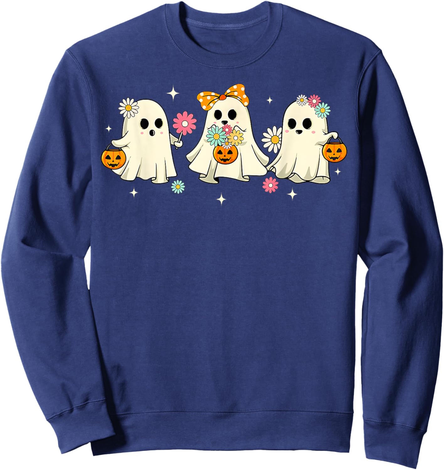 Cute Ghost Groovy Vintage Halloween Spooky Season Floral Sweatshirt - Sweatshirt | Navy