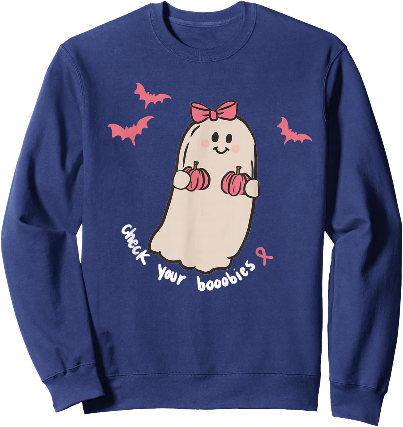 Check Your Boobies Ghost Halloween Breast Cancer Awareness Sweatshirt - Sweatshirt | Navy
