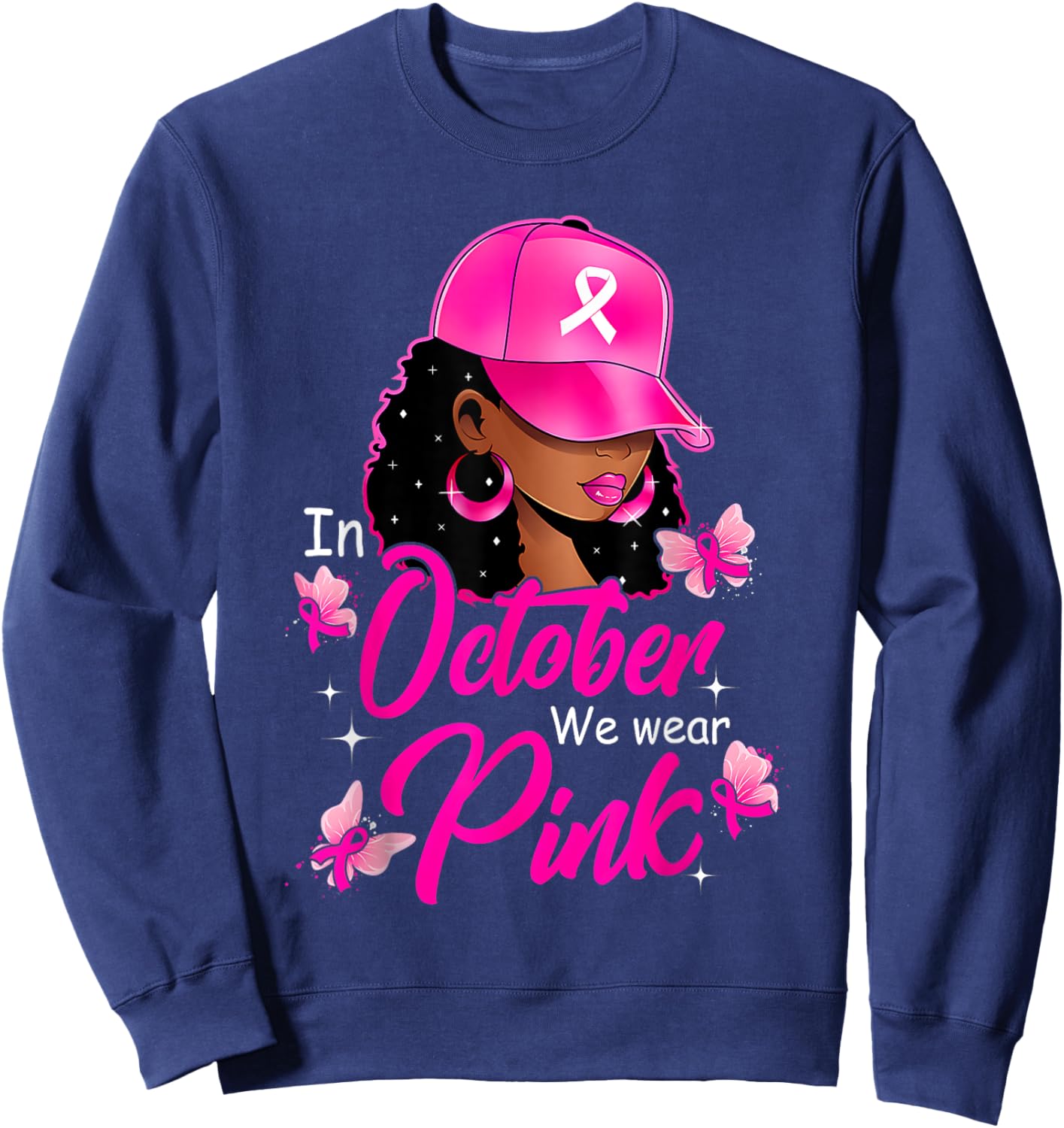 In October We Wear Pink Black Women Breast Cancer Awareness Sweatshirt - Sweatshirt | Navy