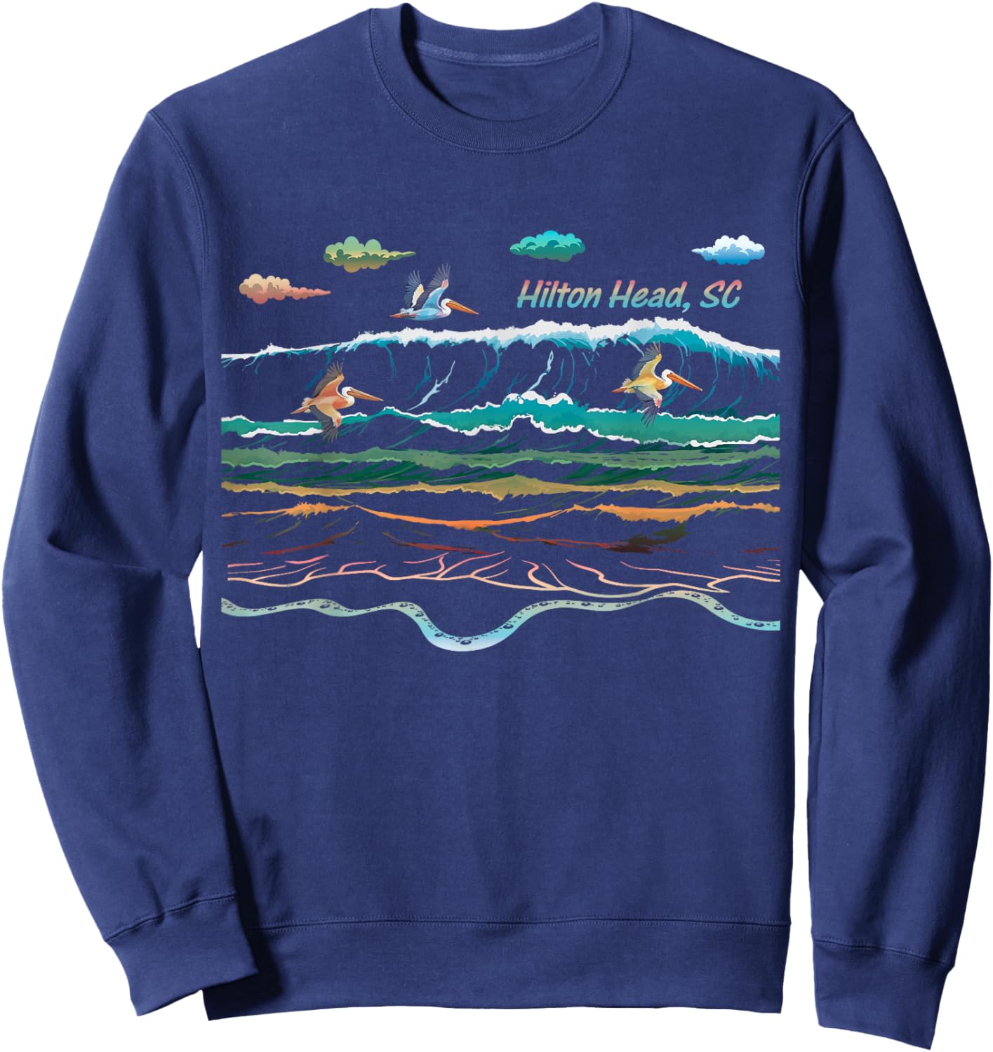 Hilton Head SC South Carolina Waves Pelican Bird Watcher Sweatshirt - Sweatshirt | Navy