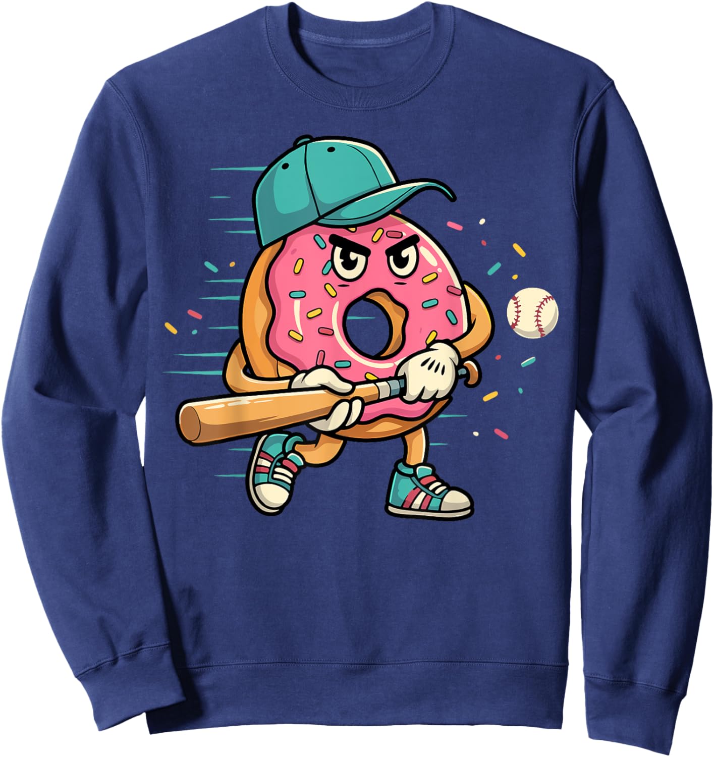 Donut Playing Baseball Dessert Food Lover Sports Fan Player Sweatshirt - Sweatshirt | Navy