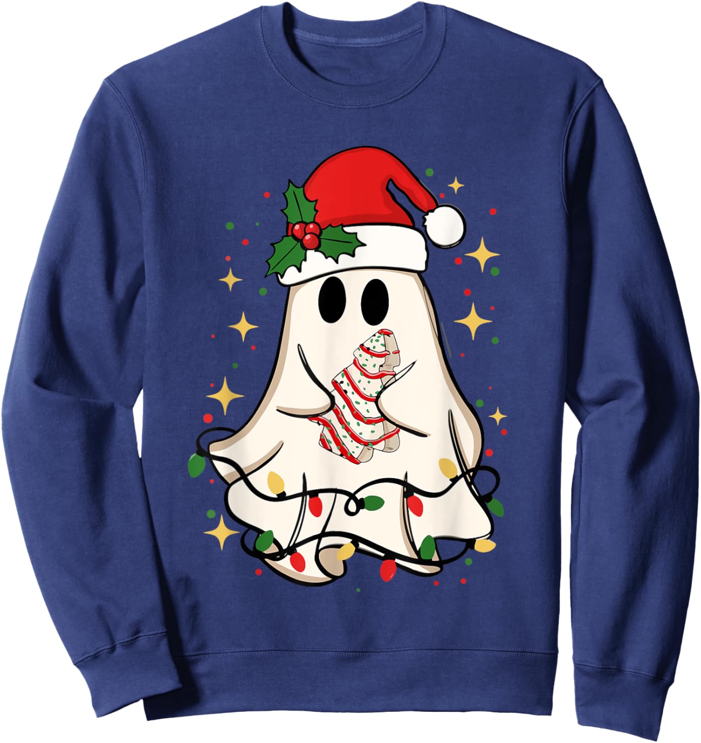 Cute Ghost Lights Tree Cake Merry Christmas Funny Xmas Sweatshirt - Sweatshirt | Navy