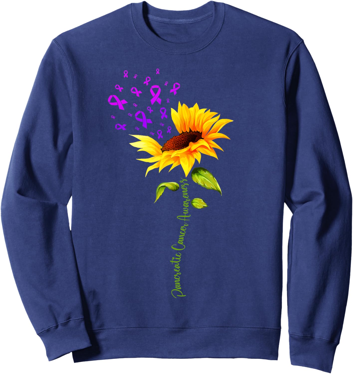 Pancreatic Cancer Awareness Sunflower Purple Ribbon Support Sweatshirt - Sweatshirt | Navy