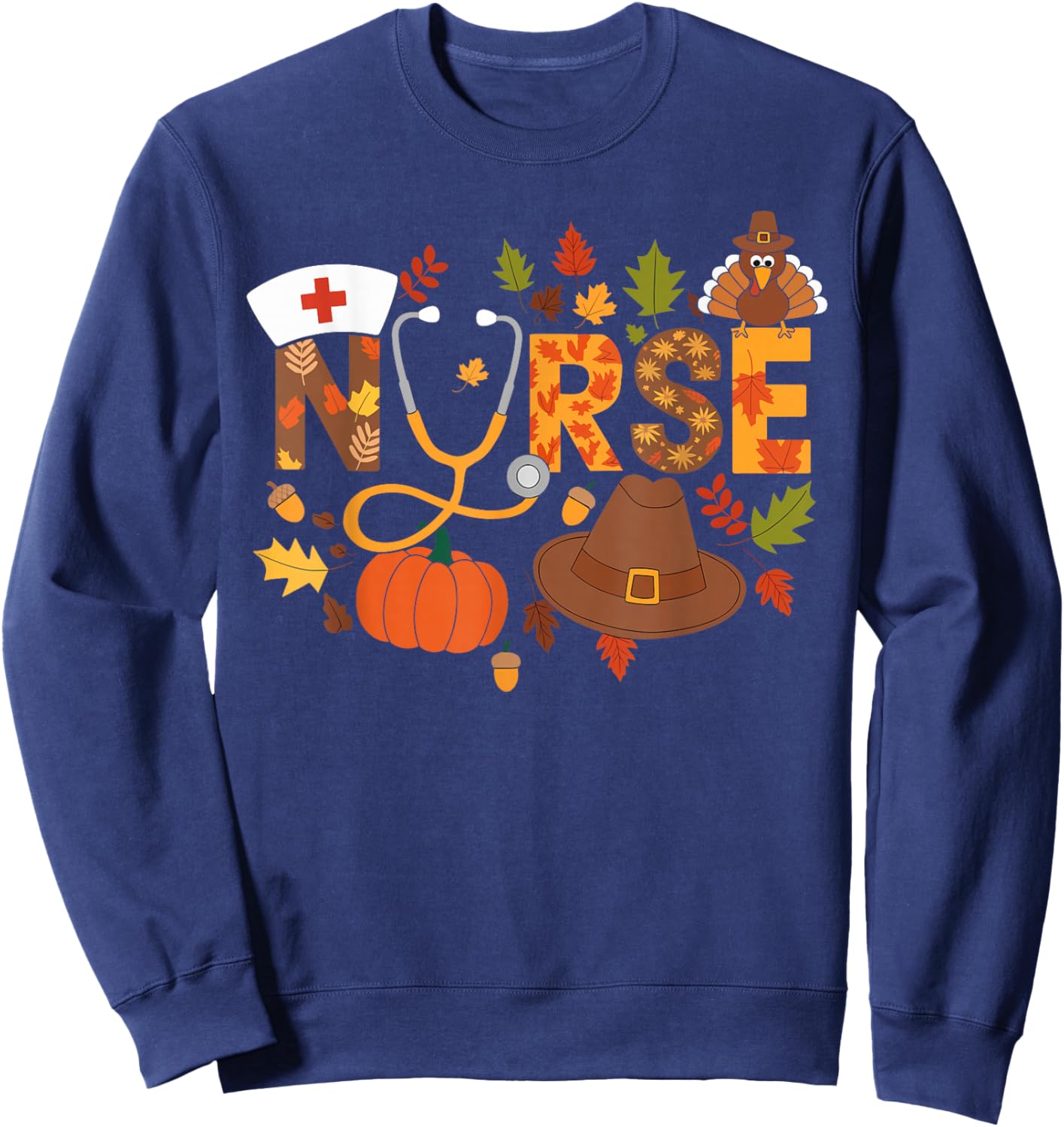 Nurse Thanksgiving Nurse Apparel -Adults Black Small Modern U-Neck Short Sleeve Thanksgiving Nurse Sweatshirt - Sweatshirt | Navy