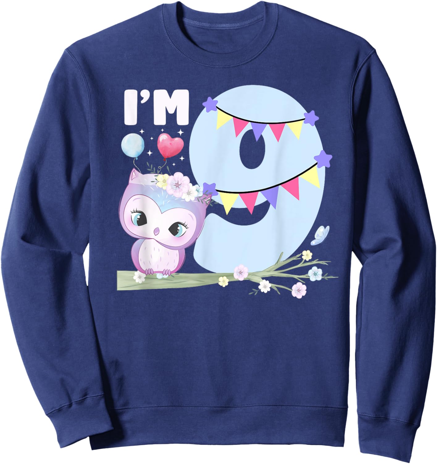 9th Owl Birthday Party Nine Year Old Girl Owl Birthday Sweatshirt - Sweatshirt | Navy