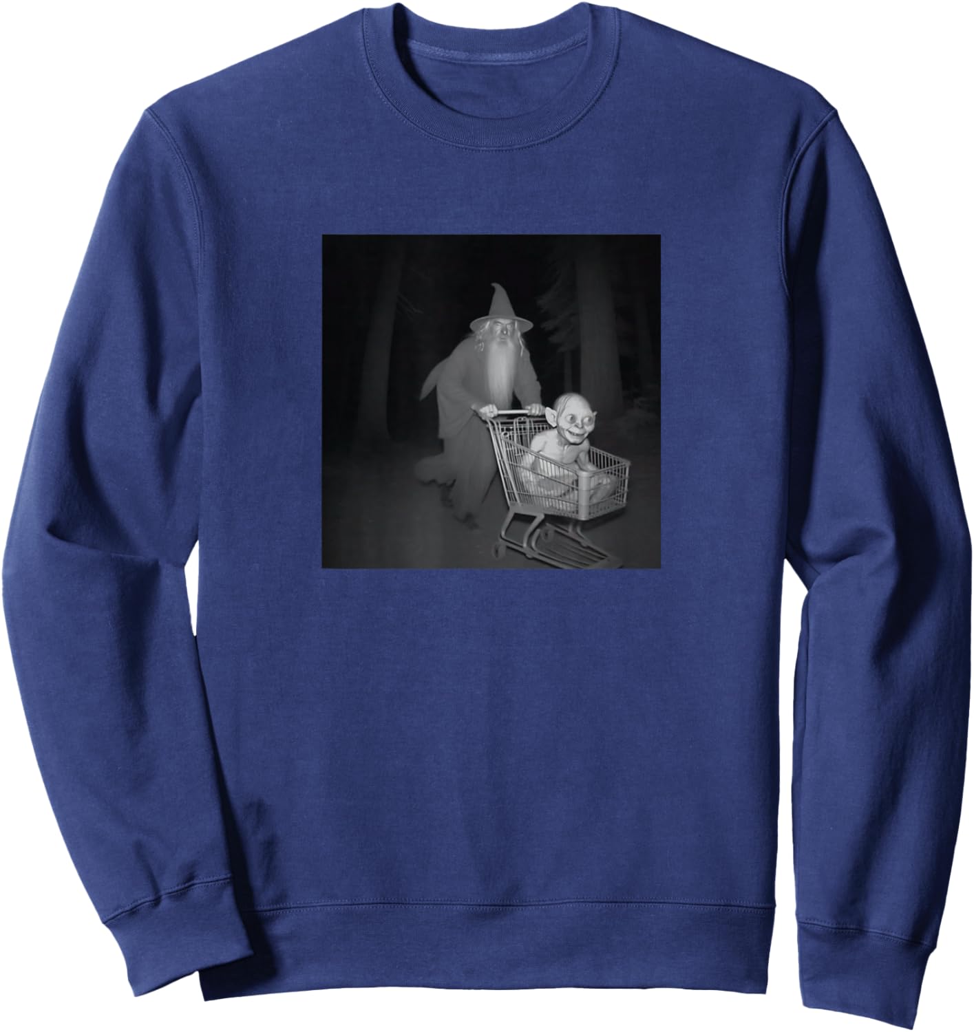Grey Wizard Pushing Goblin in Cart Black -Adults Short Sleeve Small Sweatshirt - Sweatshirt | Navy