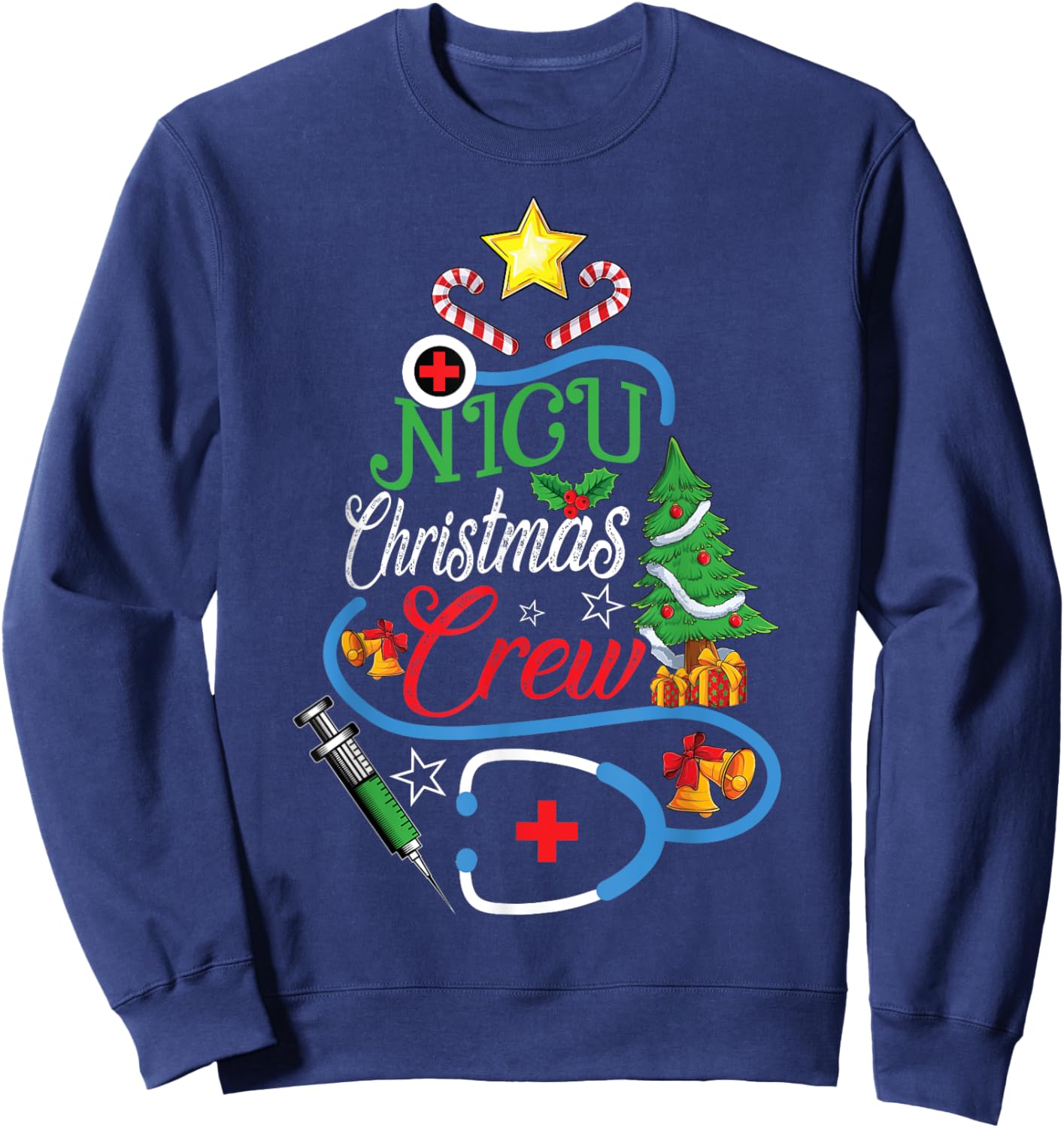 NICU Christmas Crew Stethoscope Neonatal Nursing Xmas Sweatshirt - Sweatshirt | Navy