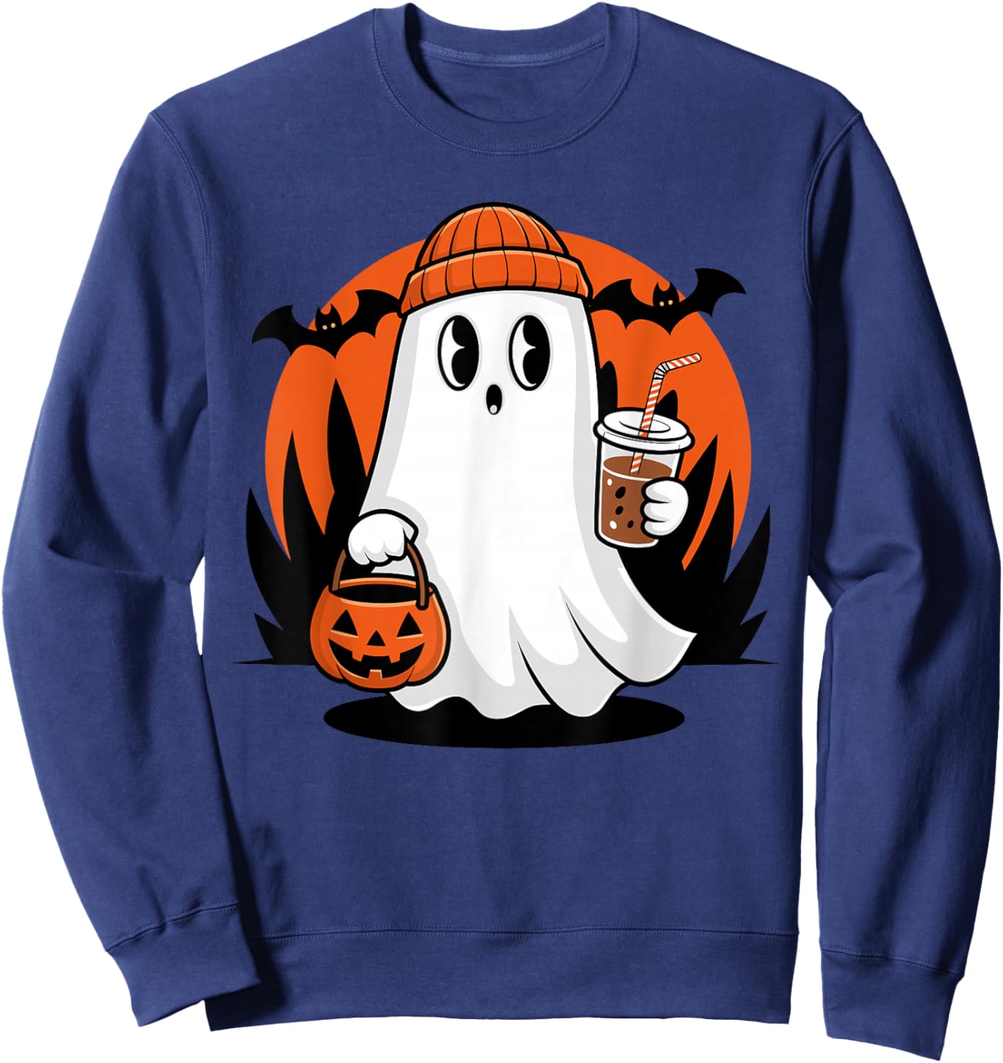 Halloween Ghost Drinking Coffee Sweatshirt - Sweatshirt | Navy