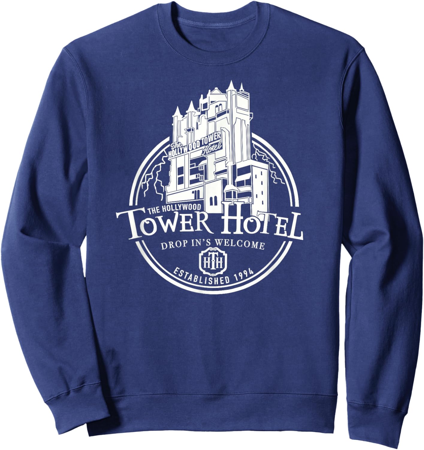 Hollywood Tower Hotel, Theme Park Ride, Drop In's Welcome Sweatshirt - Sweatshirt | Navy