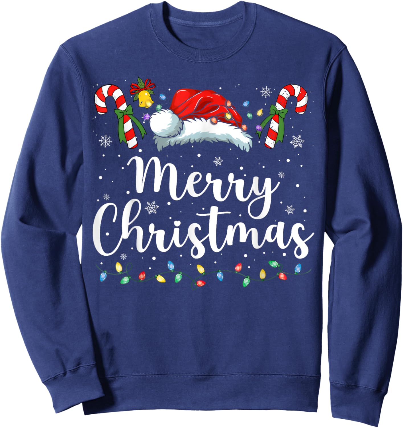 Merry Christmas Lights Red Santa Hat Xmas Family Men Women Sweatshirt - Sweatshirt | Navy
